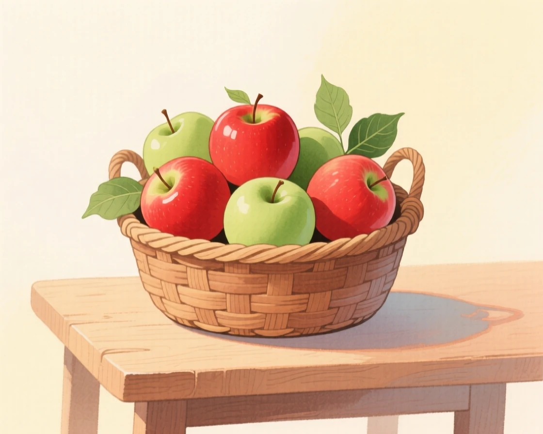A gentle still-life scene featuring a basket of freshly picked apples.