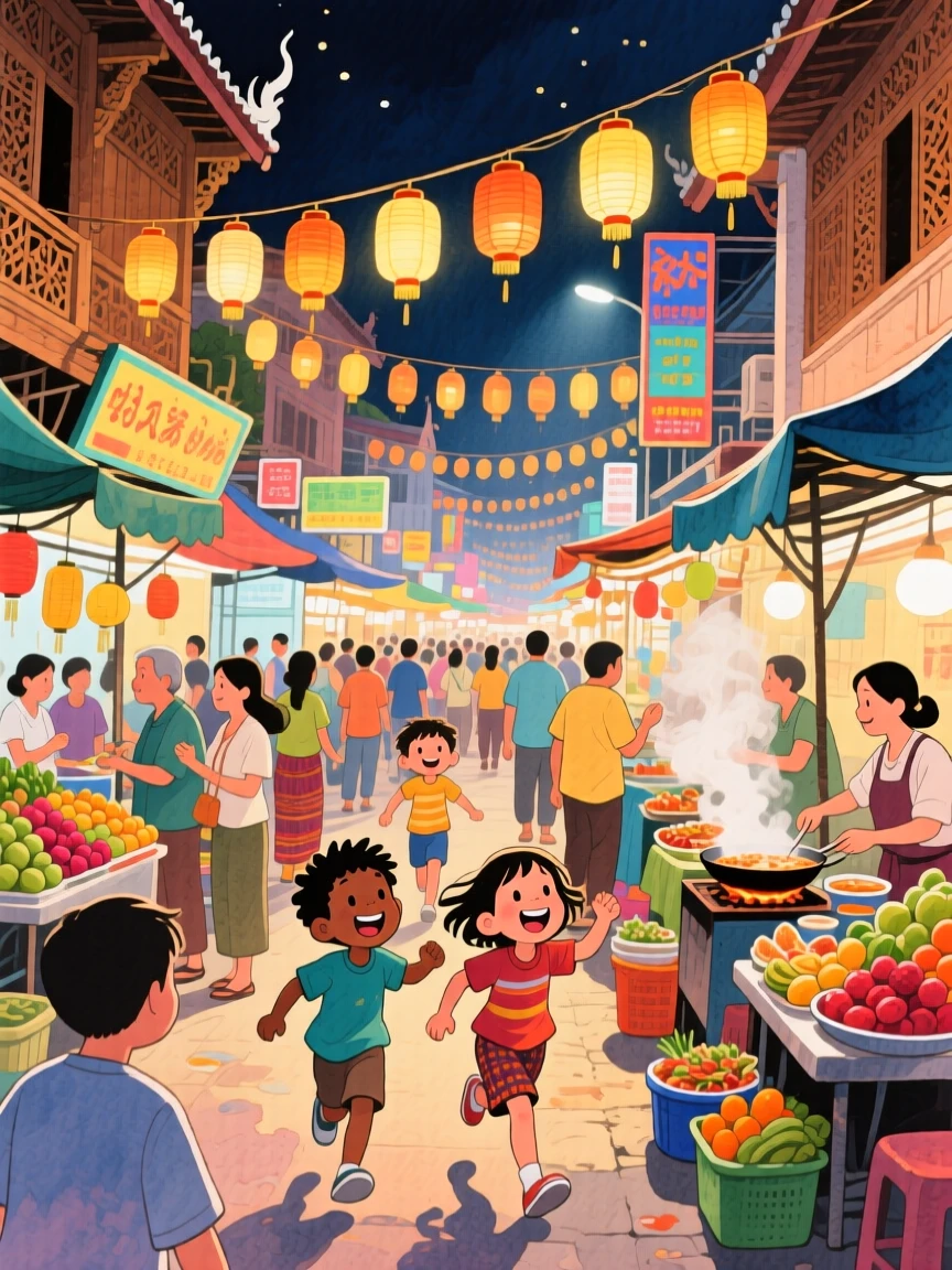 Children run laughing through the scene amid a bustling night market in Bangkok strung with lanterns, capturing the wonder of discovering a new place.