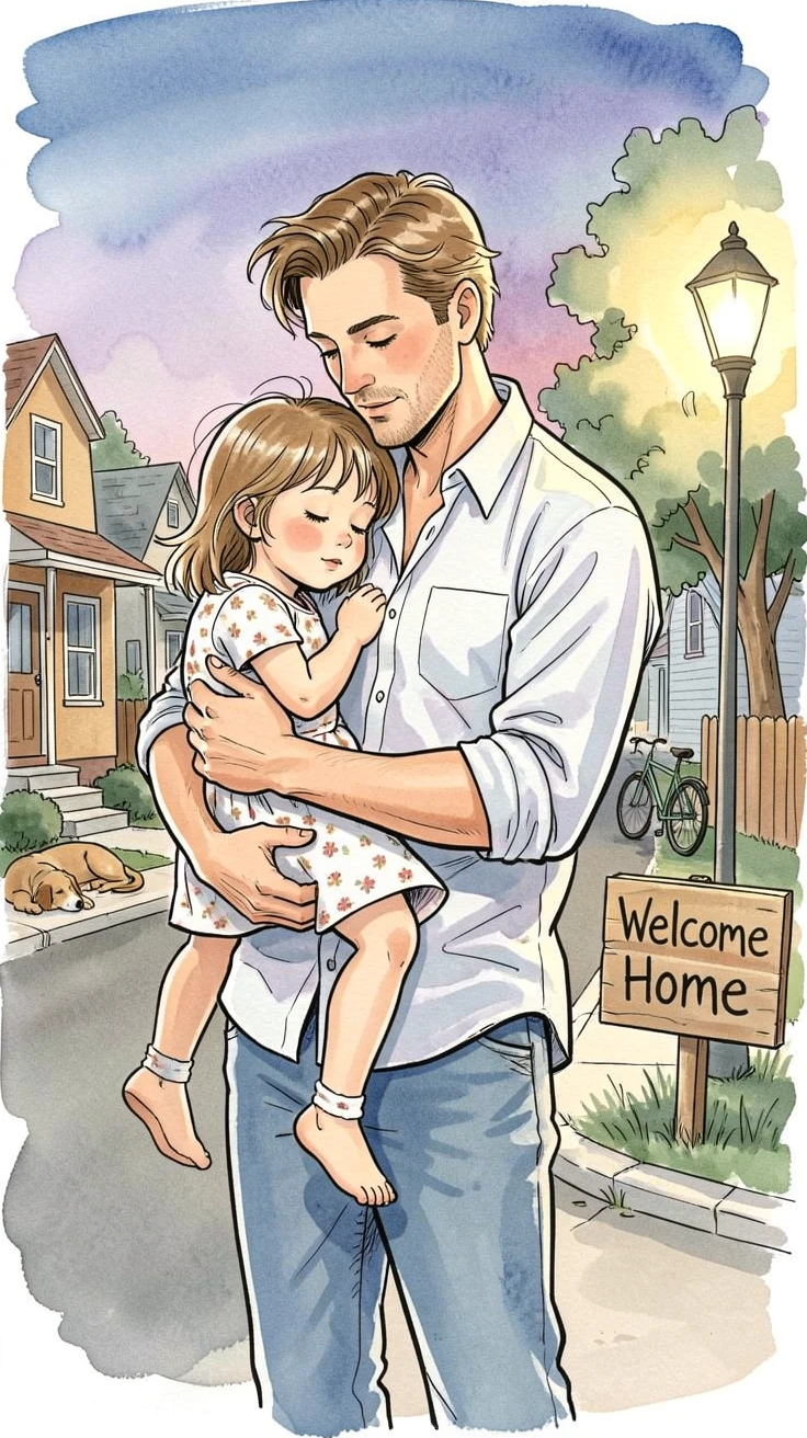 A father carrying his sleepy daughter home after a day at the fair, the surrounding setting adding a sense of everyday charm.