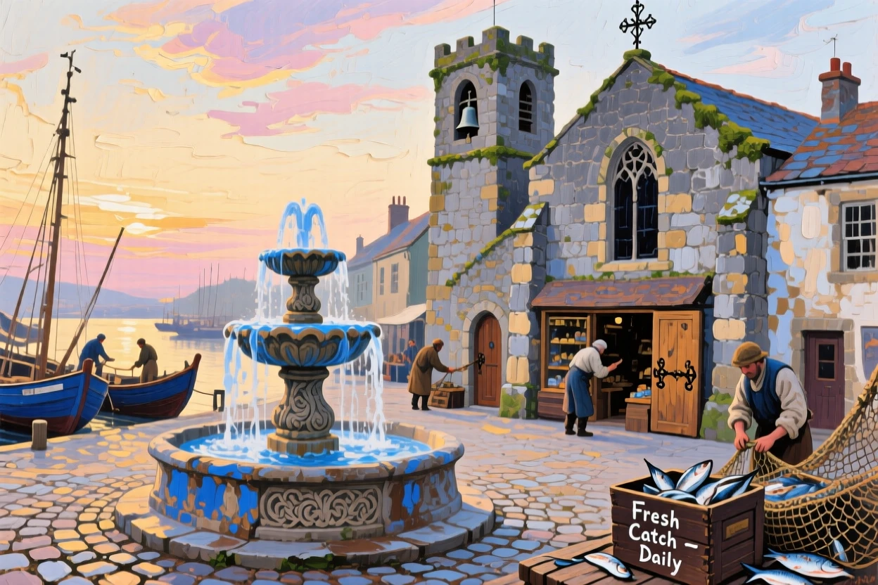 In early morning, shopkeepers just opening their doors, a cobblestone village square with a central fountain, beside an old stone church with a tall bell tower, fishermen unloading their catch at the harbor.