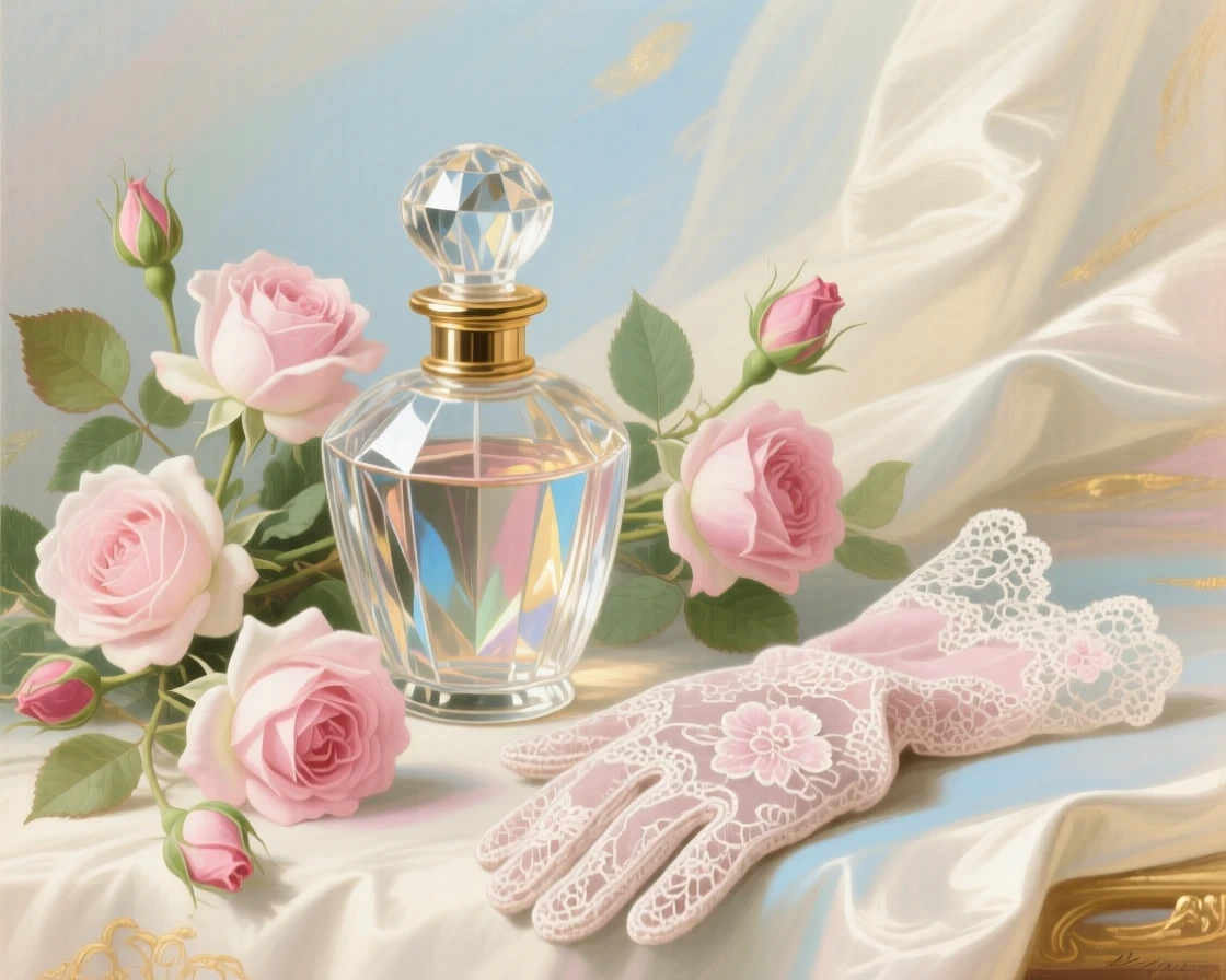 A crystal perfume bottle surrounded by rosebuds and lace gloves  