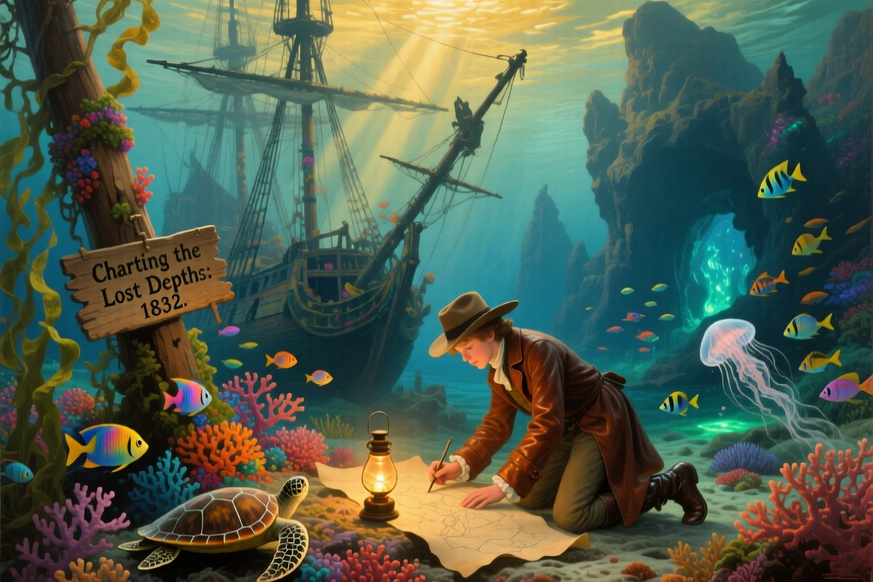 A young cartographer charts a course through a sunken shipwreck on a coral reef deep beneath the earth's surface.