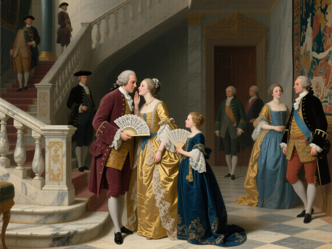 Courtiers whispering behind fans in a royal antechamber during a rare and cherished family gathering, set on the sweeping staircase of a grand estate, with liveried servants moving quietly among the guests; the composition arranges figures in a graceful arc around the focal couple, capturing the warmth of family bound by legacy.