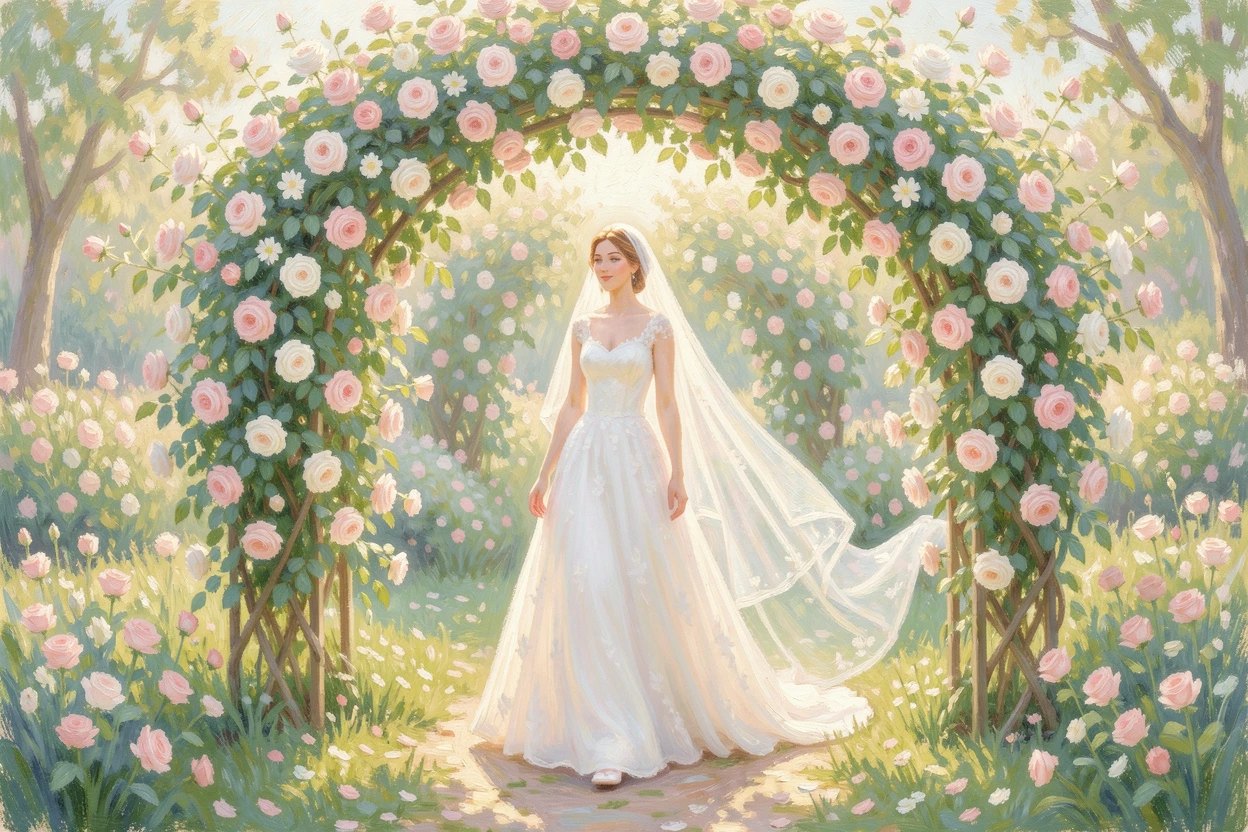 A bride walking through a garden archway covered in climbing roses, veil trailing softly behind her, just as the first blossoms of spring appear, radiating joy and gentle celebration.