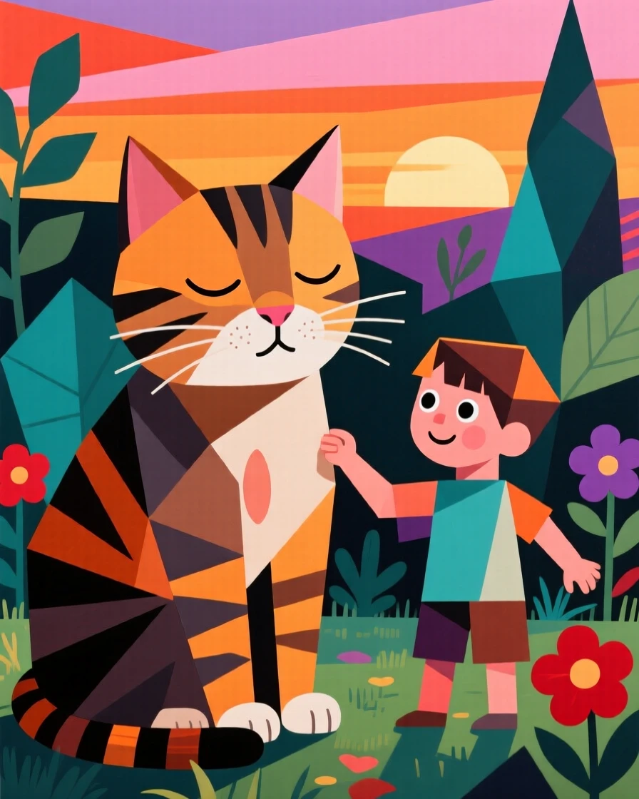 A charming portrait of a sleepy tabby cat playing with a child in a garden, just before sunset.