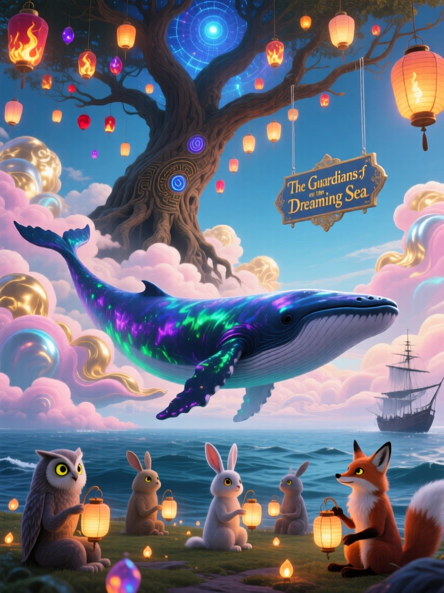A whale swimming gracefully through a sea of drifting clouds pauses beneath a tree hung with glowing lanterns, as small creatures gather quietly to watch it pass.