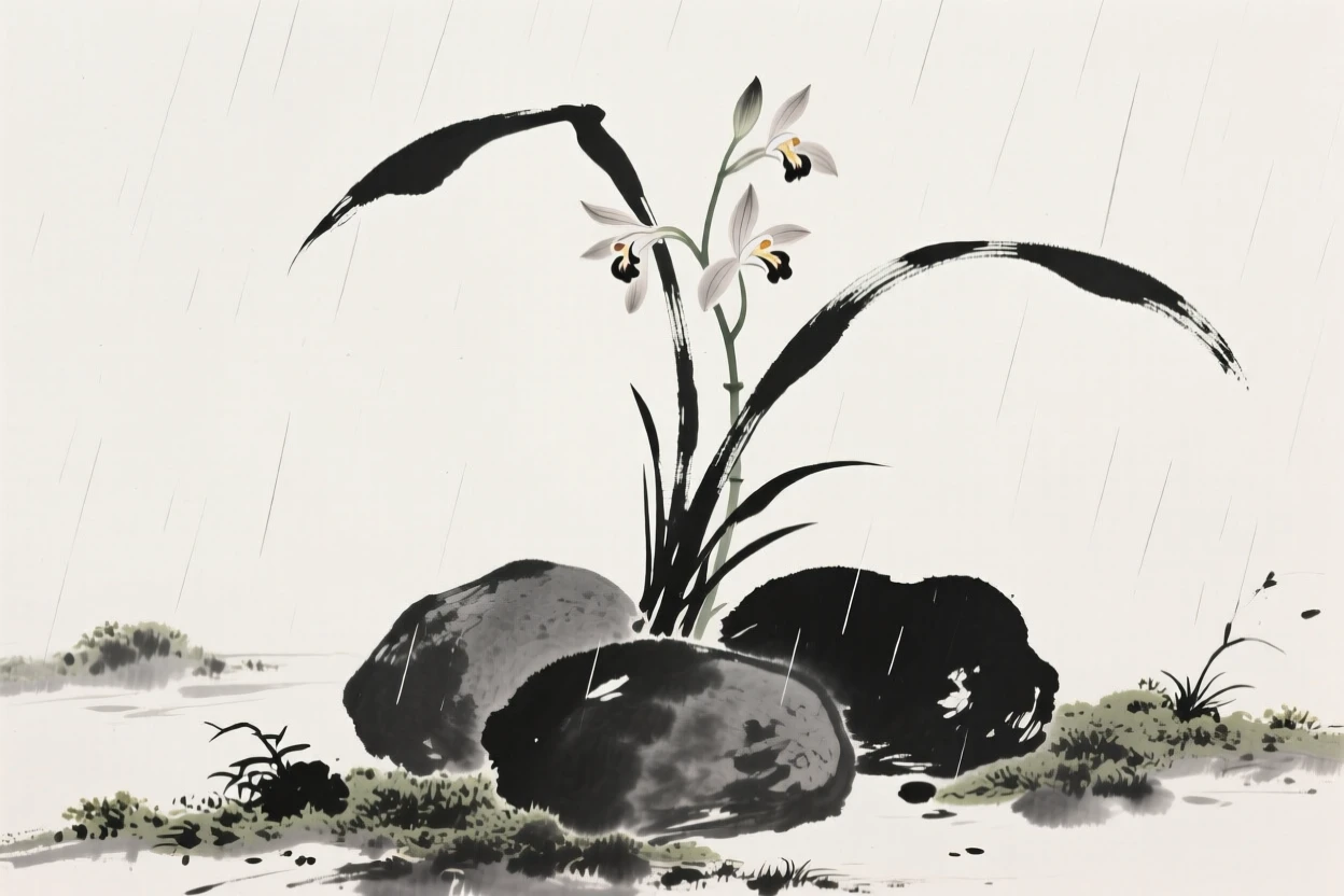 A single orchid stem rises from a cluster of smooth stones, as a light rain dampens the surrounding moss.