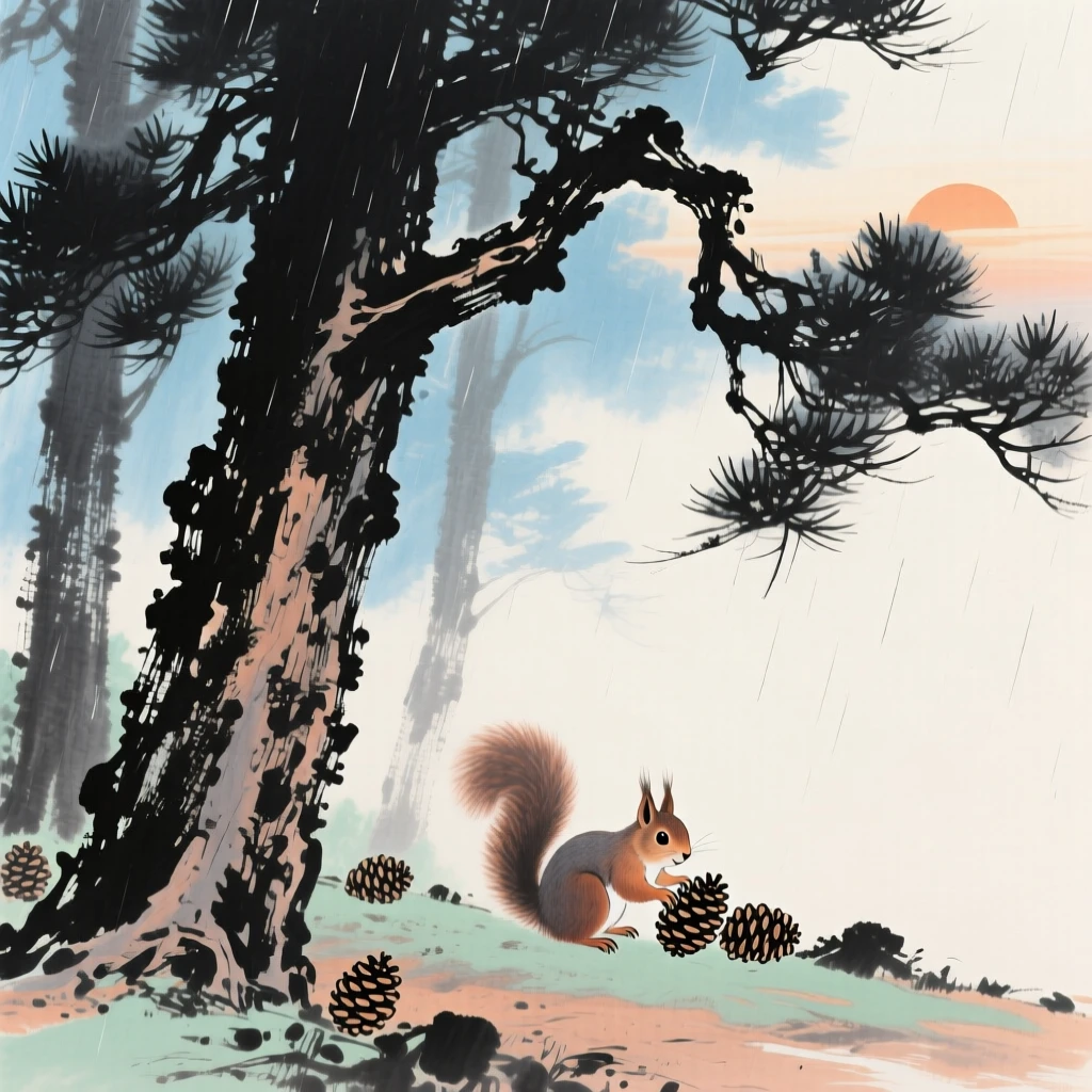 A squirrel gathering pine cones beneath towering evergreens, in the quiet hour before sunrise, beneath a sky washed clean by rain.