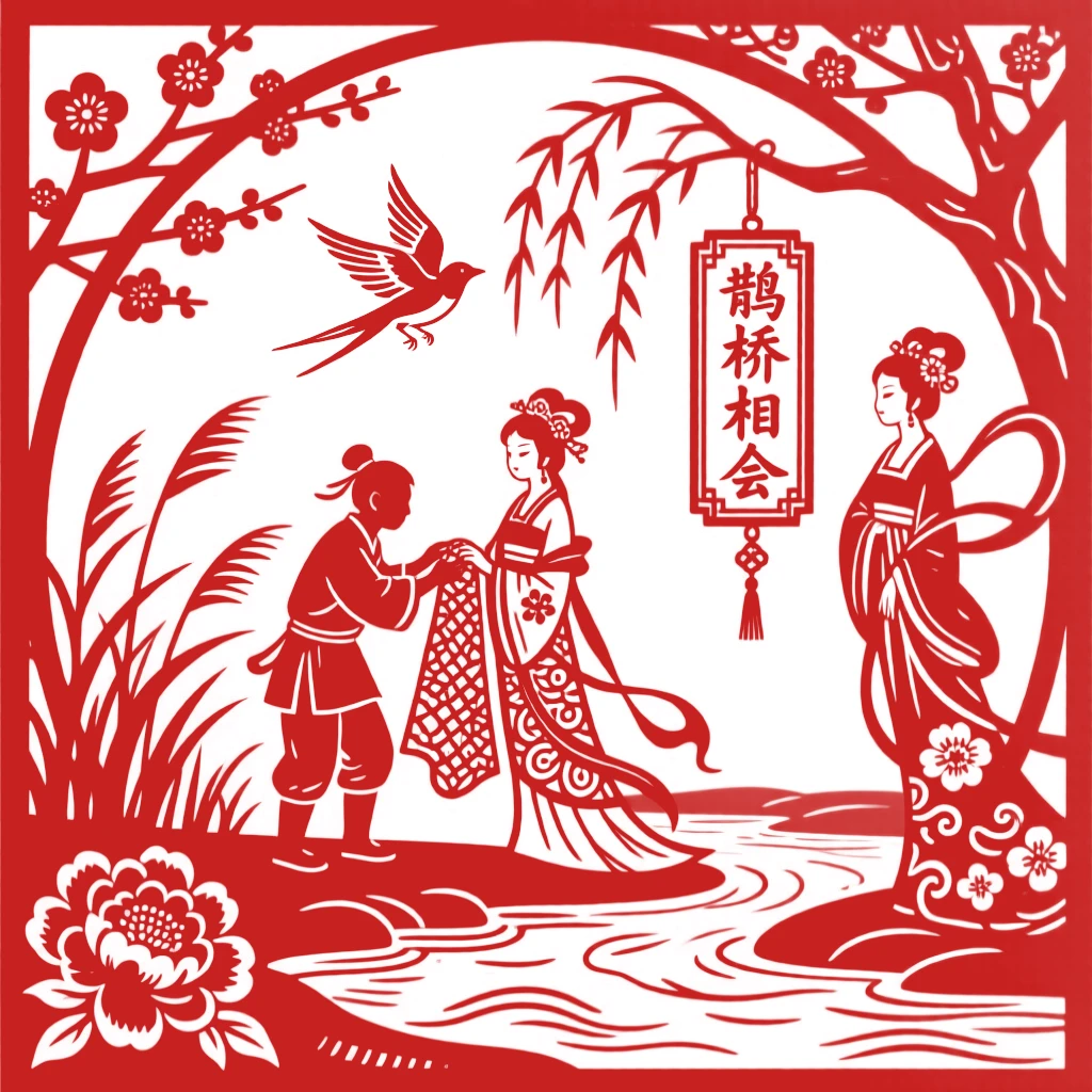 The legend of the Weaver Girl's stolen robe hidden by the Cowherd beside a riverbank of bathing celestial maidens
