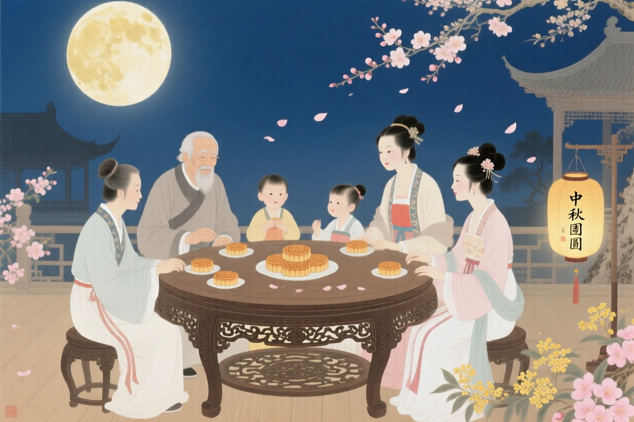 A mid-autumn festival gathering with families sharing mooncakes under a full moon, surrounded by falling flower petals