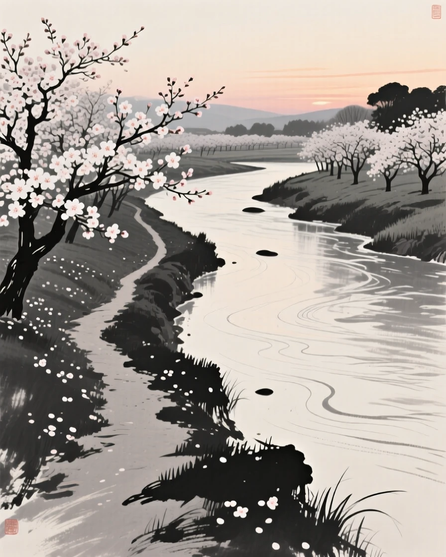 A quiet orchard in full bloom along a river path as evening shadows stretch long across the land, captured from a narrow path winding into the depth of the scene, with faint ripples spreading slowly across the surface, suggesting the quiet vastness of the natural world.
