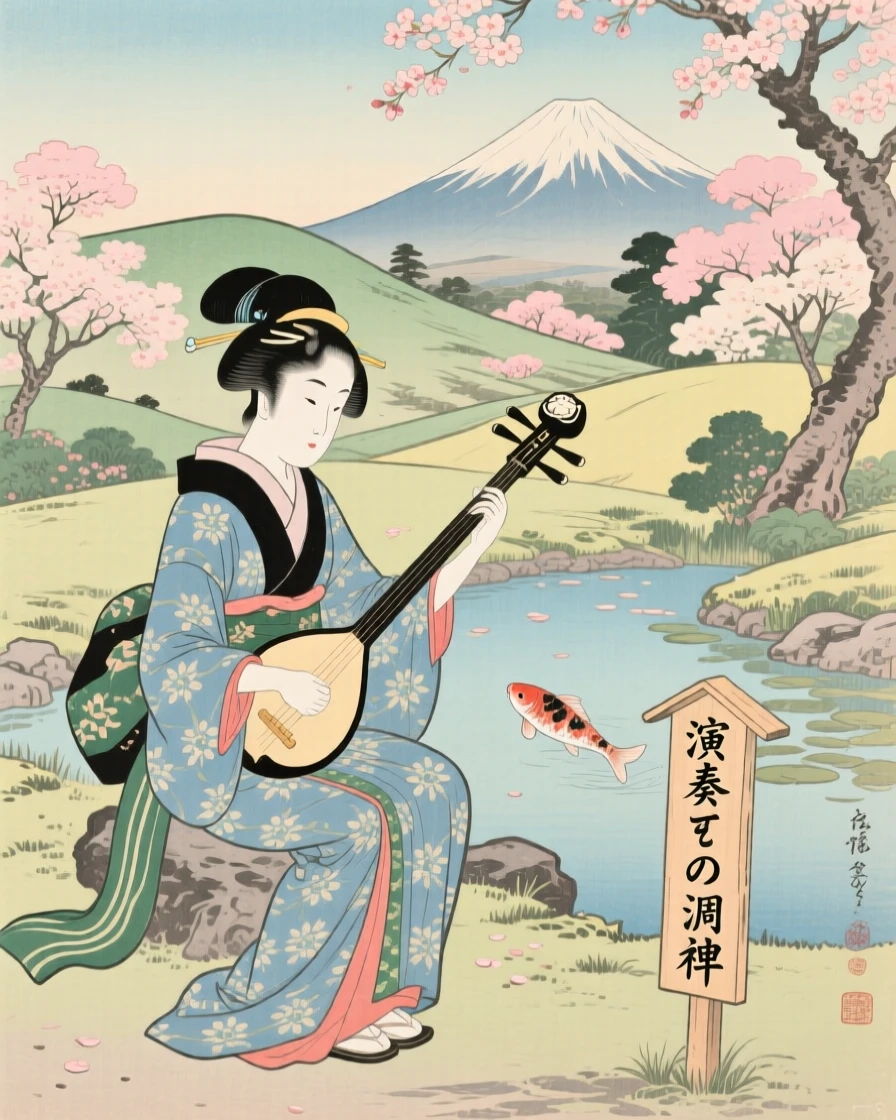 A young girl tuning an instrument before a performance.