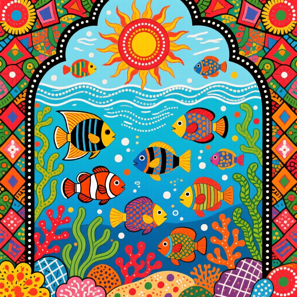 A tropical reef teeming with colorful fish beneath clear water.