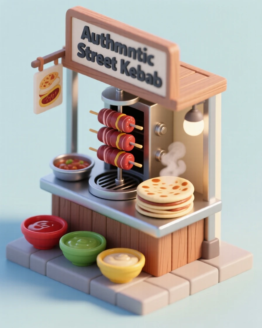 A bustling kebab stand with skewers rotating on a vertical rotisserie, flatbread warming nearby, and colorful sauces lined up in bowls.