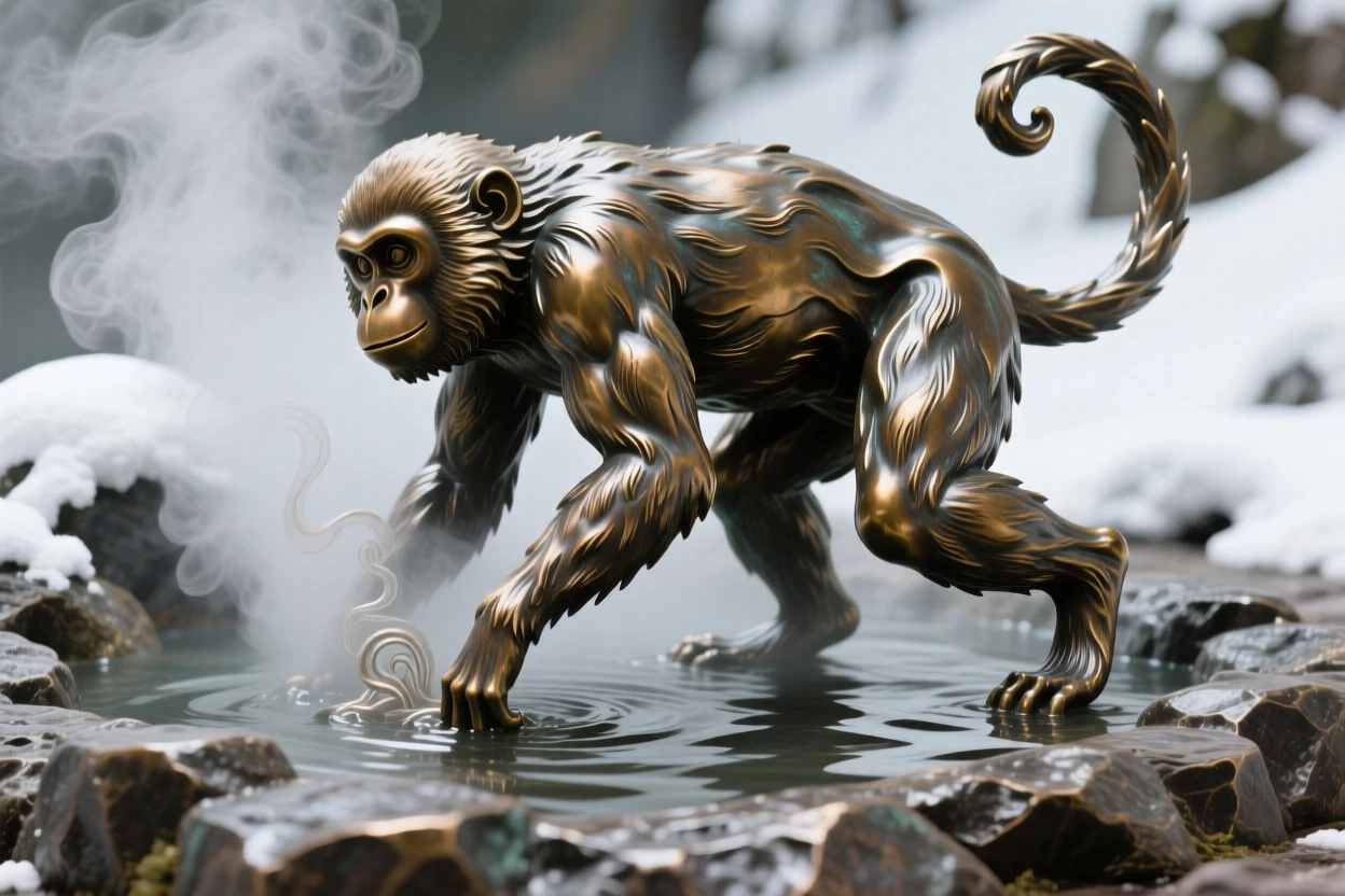 A snow monkey soaking in a steaming hot spring, captured mid-motion with powerful grace, evoking wonder and majesty