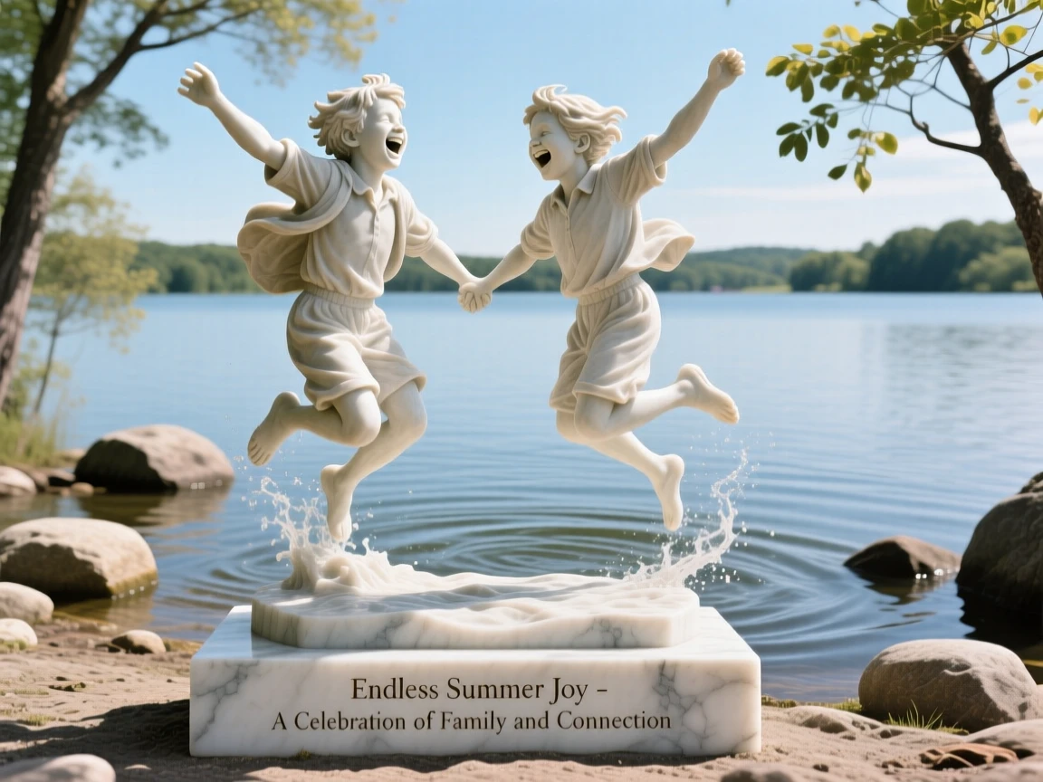 A heartwarming depiction of cousins jumping into a lake on a summer day, full of laughter and genuine connection