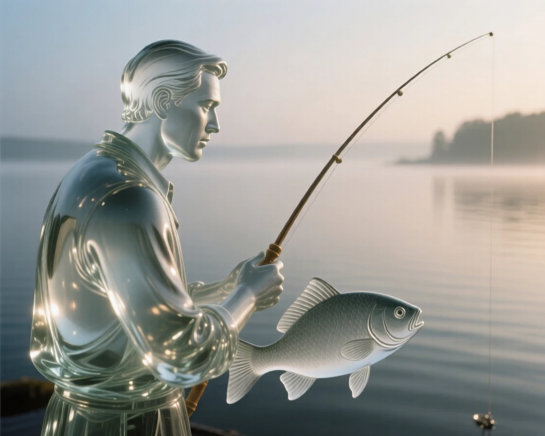 A fisherman gazing out over calm morning waters set against a simple blurred background, dramatic side lighting carving out the features, mood tender and heartfelt.