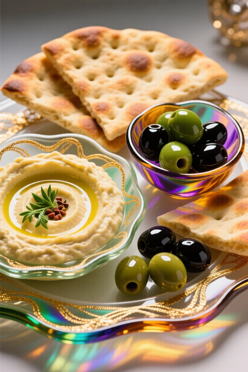 A vibrant Mediterranean mezze spread with hummus, olives, and pita, abundant and colorful.