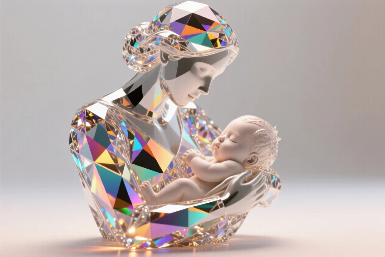 A mother cradling her sleeping infant by warm nursery lamplight.