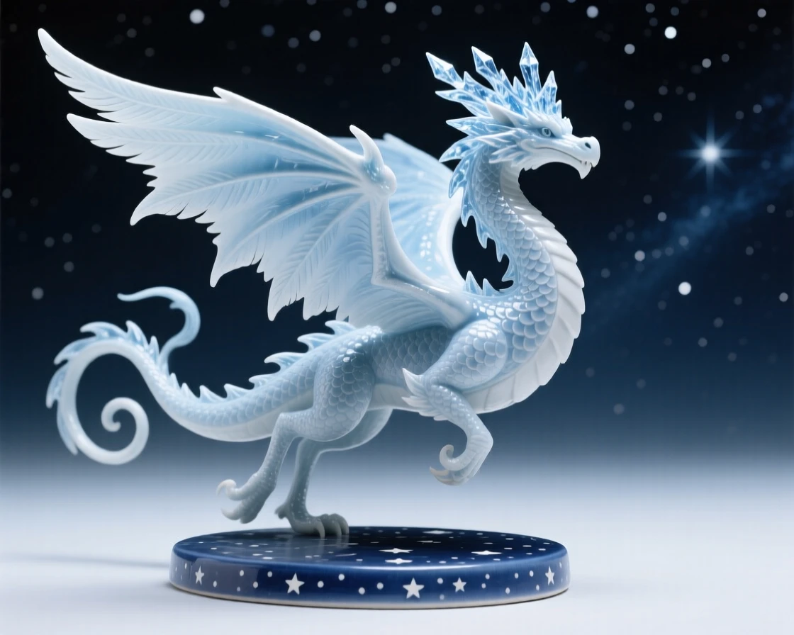 A majestic ice dragon crowned in frost frozen mid-flight against a starry sky, with delicate feathers trailing like ribbons, capturing the enchantment of forgotten legend.