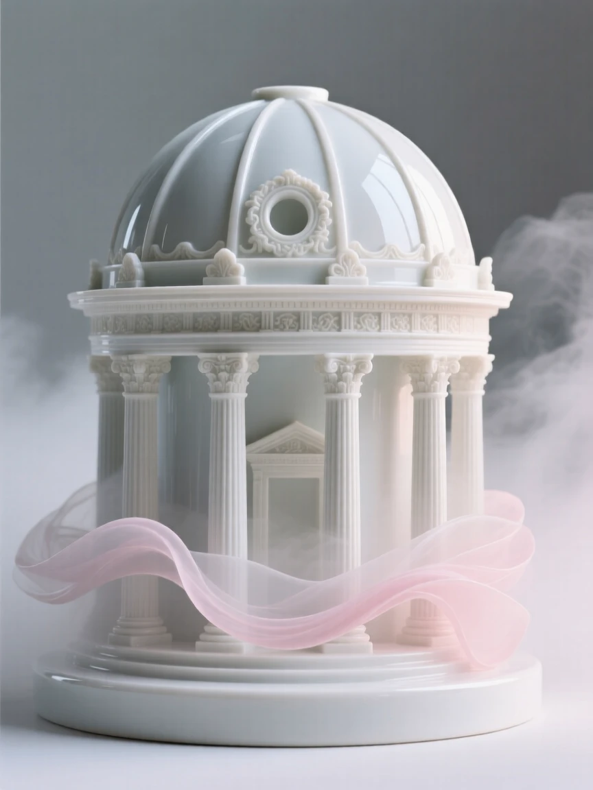 A grand view of a classical domed rotunda, wrapped in soft morning mist.