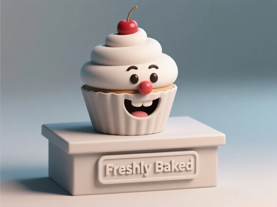 A charming cupcake character with a cherry nose and frosting curls grins from atop a bakery display stand.
