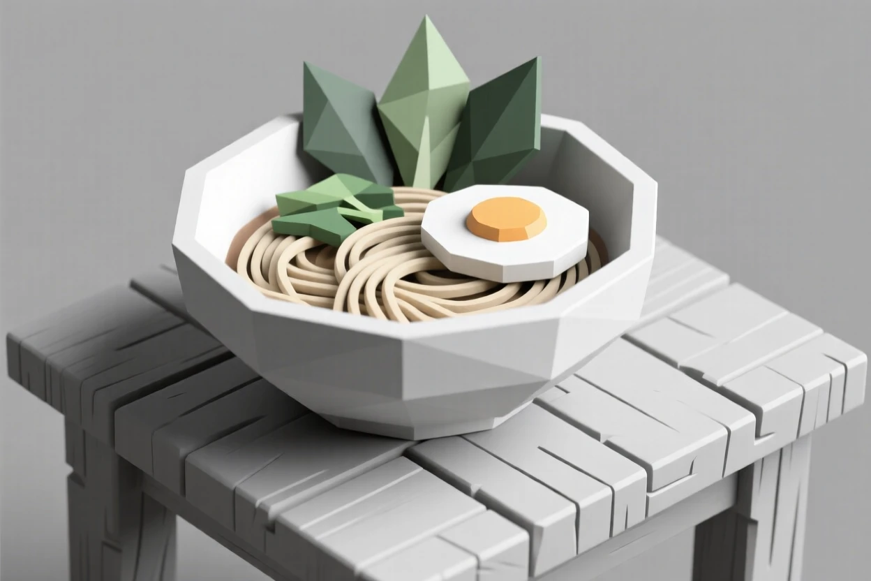 A bowl of ramen with soft-boiled egg and greens, on a rustic wooden table. vibrant colors are enhanced by careful arrangement. The setting feels indulgent and delicious.