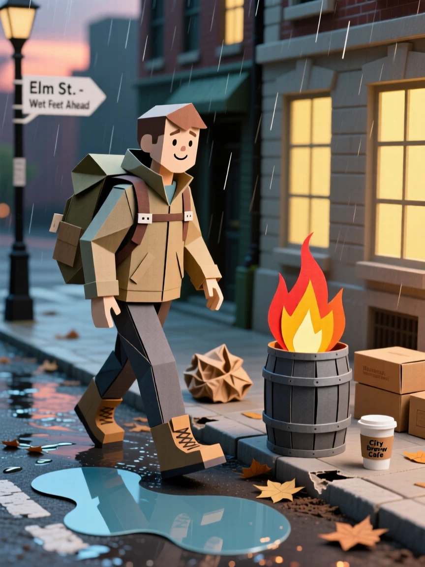 A weary but happy hiker strolling along a rain-soaked city street, with the glow of a nearby fire flickering, capturing the simple beauty of everyday moments.