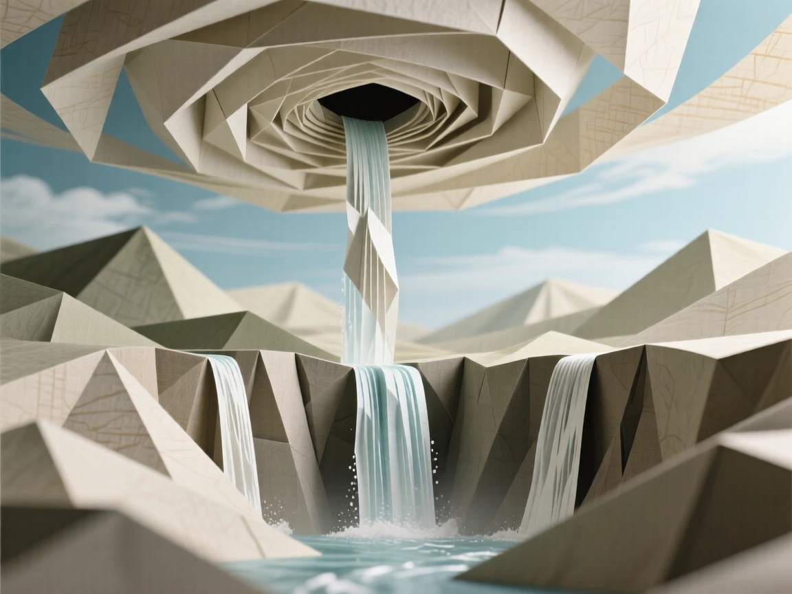 A hidden valley where waterfalls flow upward into a swirling sky portal.