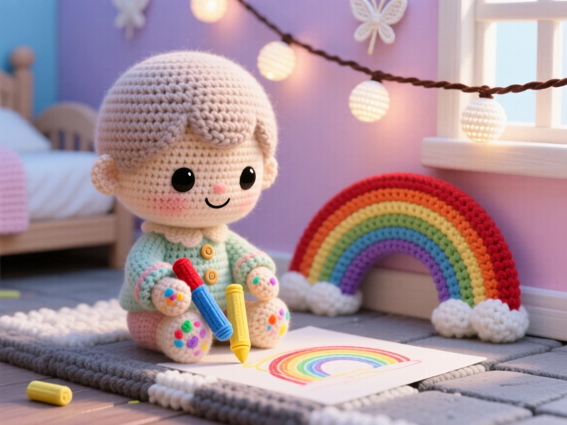a small child drawing with chalk on a sidewalk, with colorful chalk dust on their hands, is shown sketching a bright rainbow within a sunlit bedroom with soft pastel walls beside a string of soft fairy lights along the wall, capturing a peaceful sense of home and belonging.