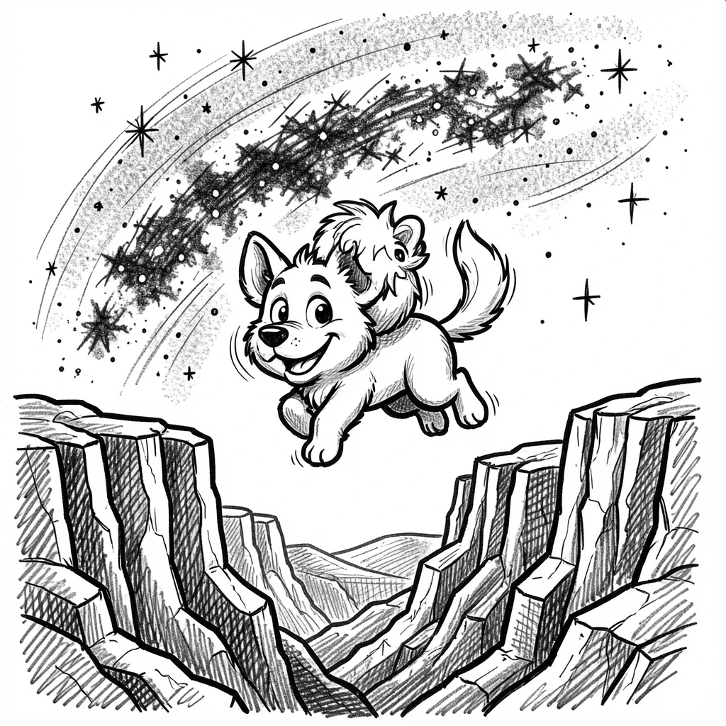 A constellation shaped like a friendly animal above a canyon under the Milky Way.