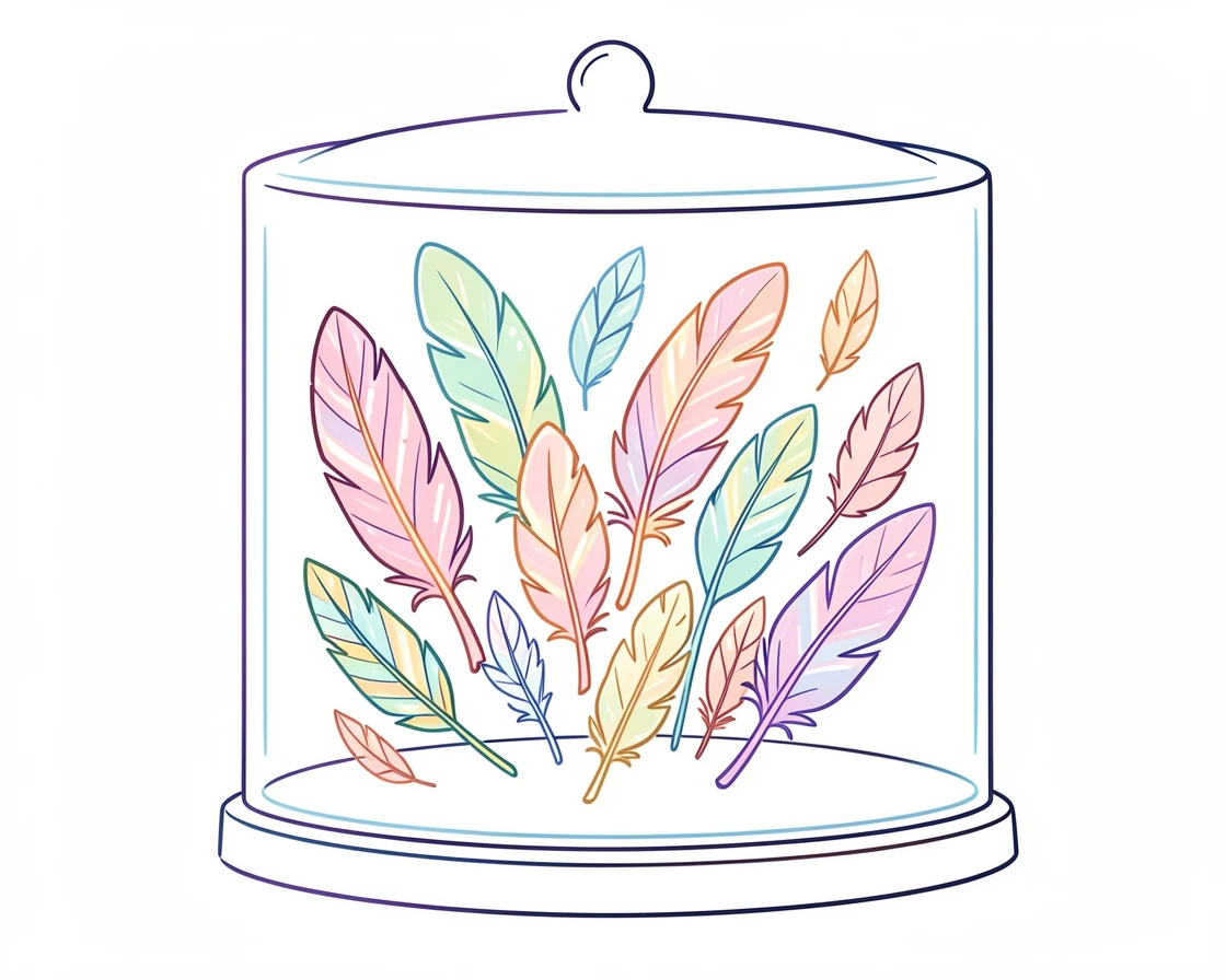 A display of feathers from different birds arranged in a glass case.