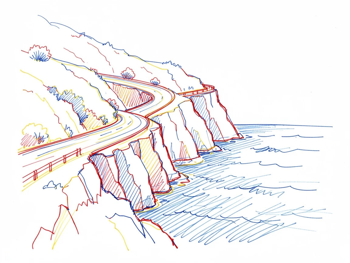 A grand cliffside road winding along a dramatic Mediterranean coast