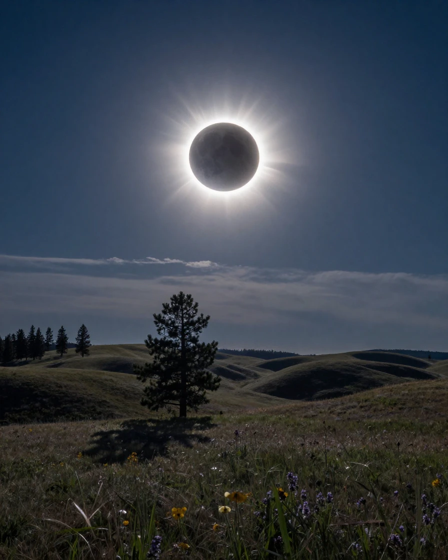A total solar eclipse casting an eerie glow over the landscape