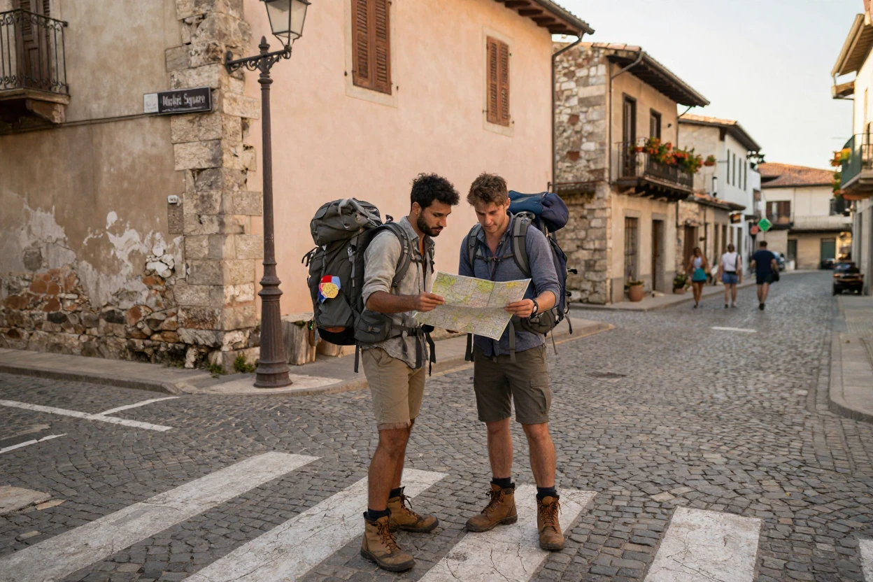 A pair of backpackers consults a paper map at a crossroads in a cobblestone old town.