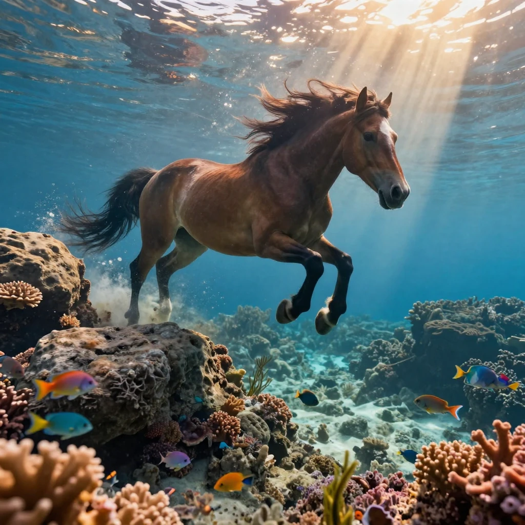 A wild mustang leaping gracefully between rocks within a coral reef teeming with life