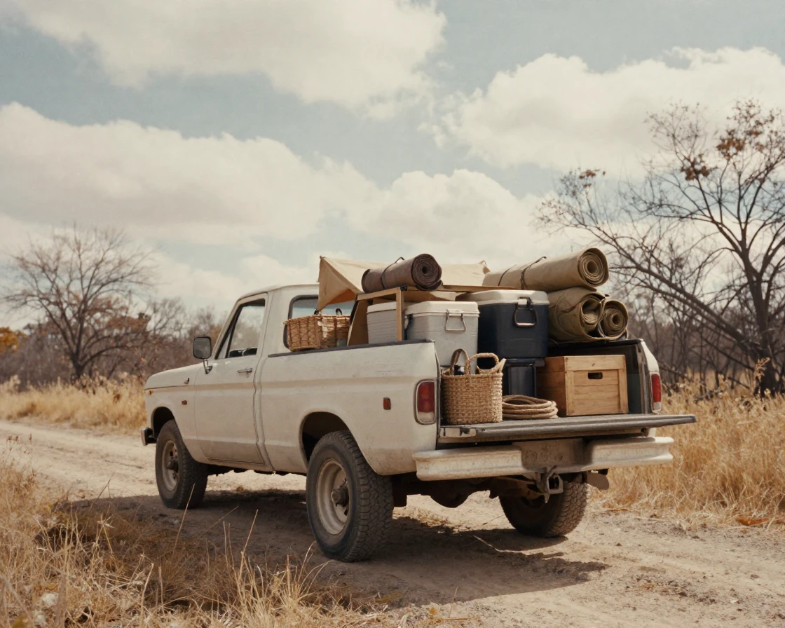 A dusty pickup truck loaded with camping gear on a dirt road, in gentle diffused daylight, under scattered clouds, in late autumn, in warm honey and cream tones, captured from a low angle looking up.