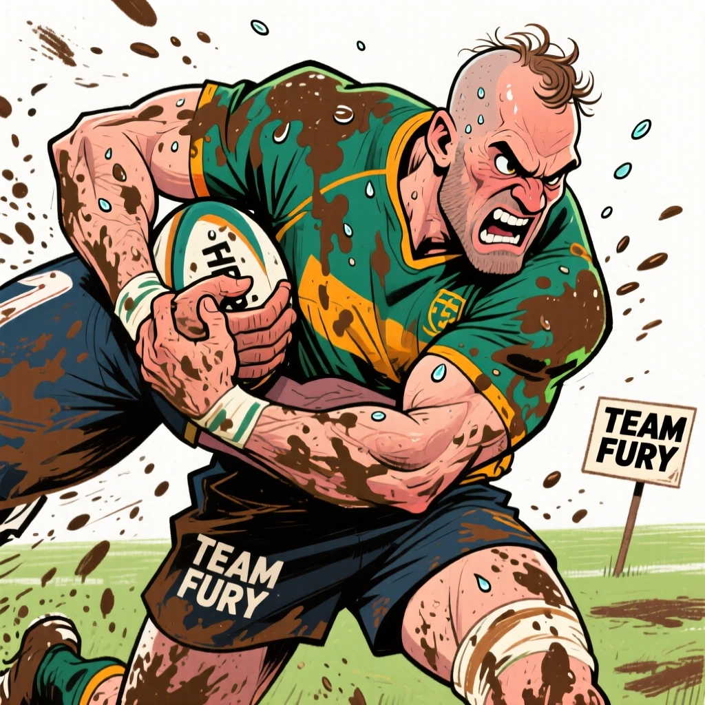 A rugby player mid-tackle, mud-splattered jersey and fierce determination.