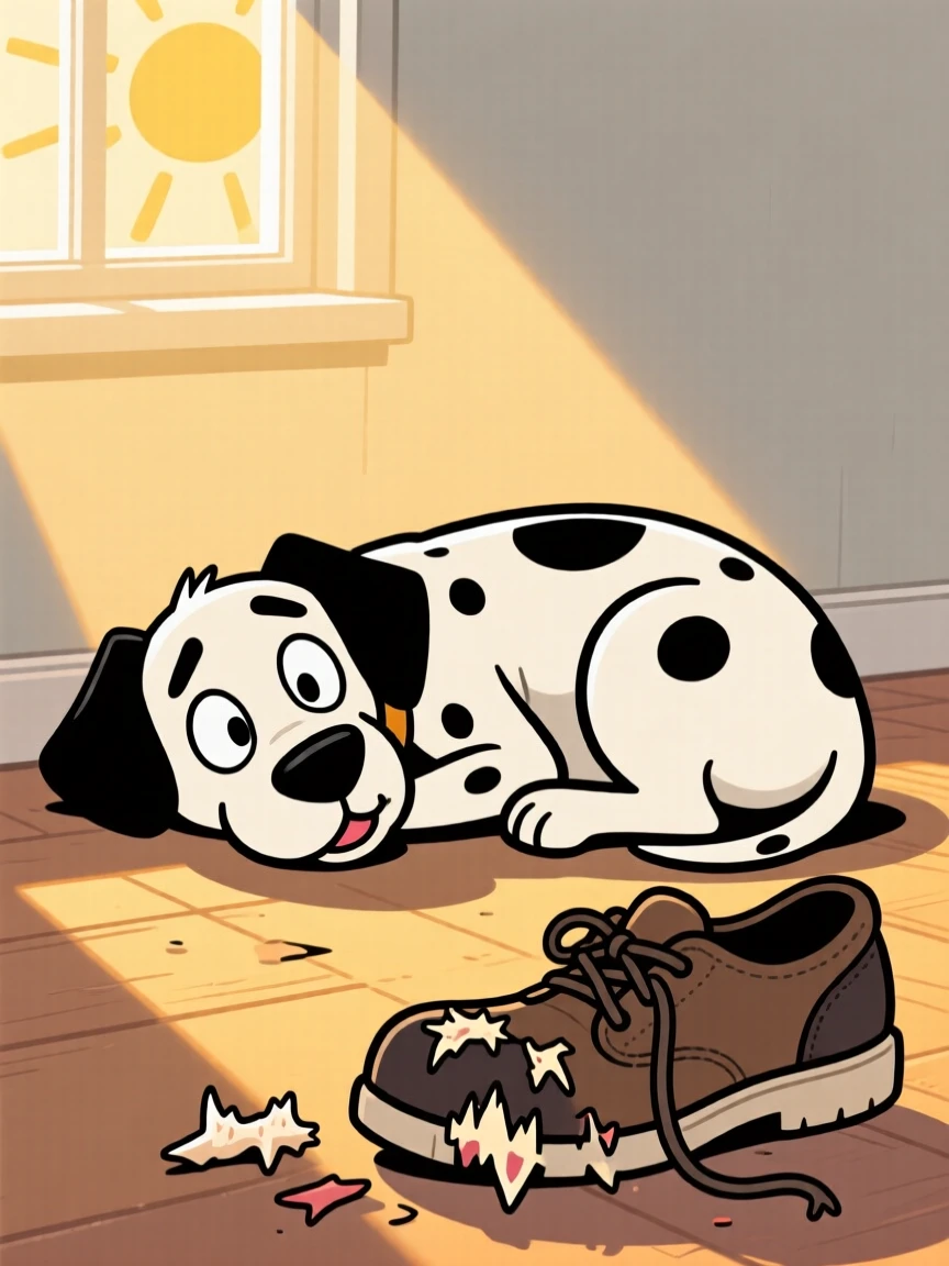 A playful pet moment featuring an excitable dalmatian curling up for a nap in a sunbeam, with a guilty look and a chewed-up shoe nearby.