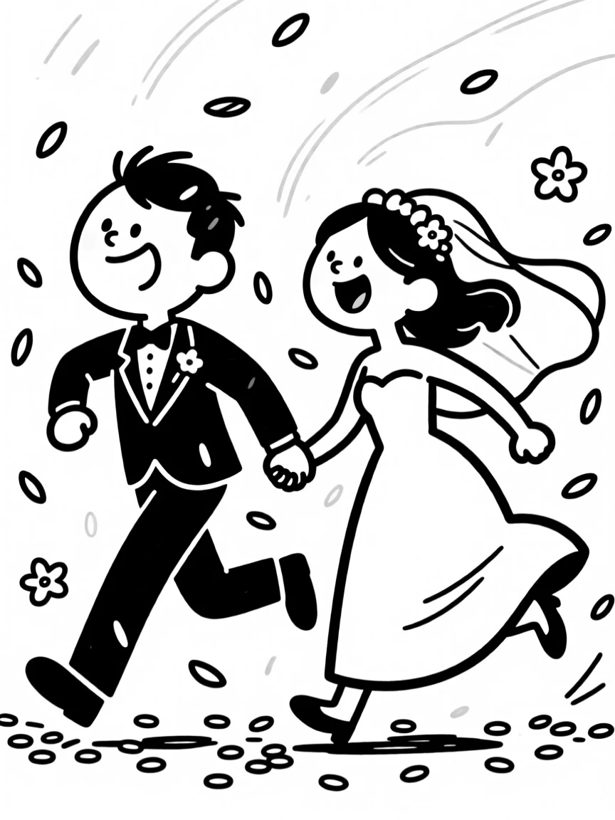 A newly married couple running hand in hand through a shower of rice or petals.