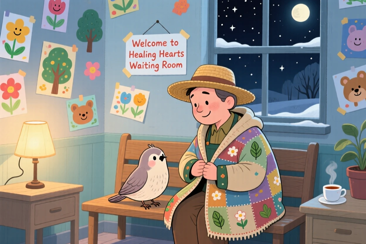In a hospital waiting room decorated with drawings, a small bird and a kind gardener bond over sharing a warm coat on a chilly evening, with quiet gratitude in their eyes.