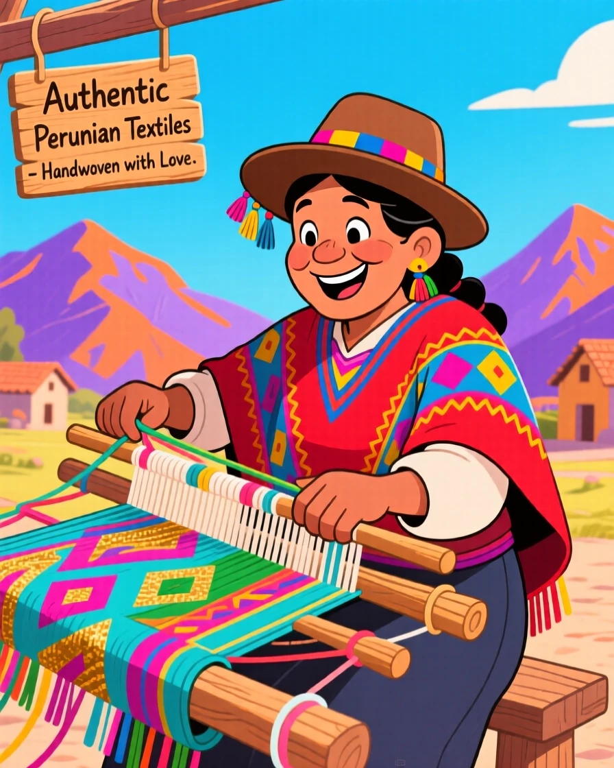 A weaver in Peru creating a colorful textile on a traditional loom.