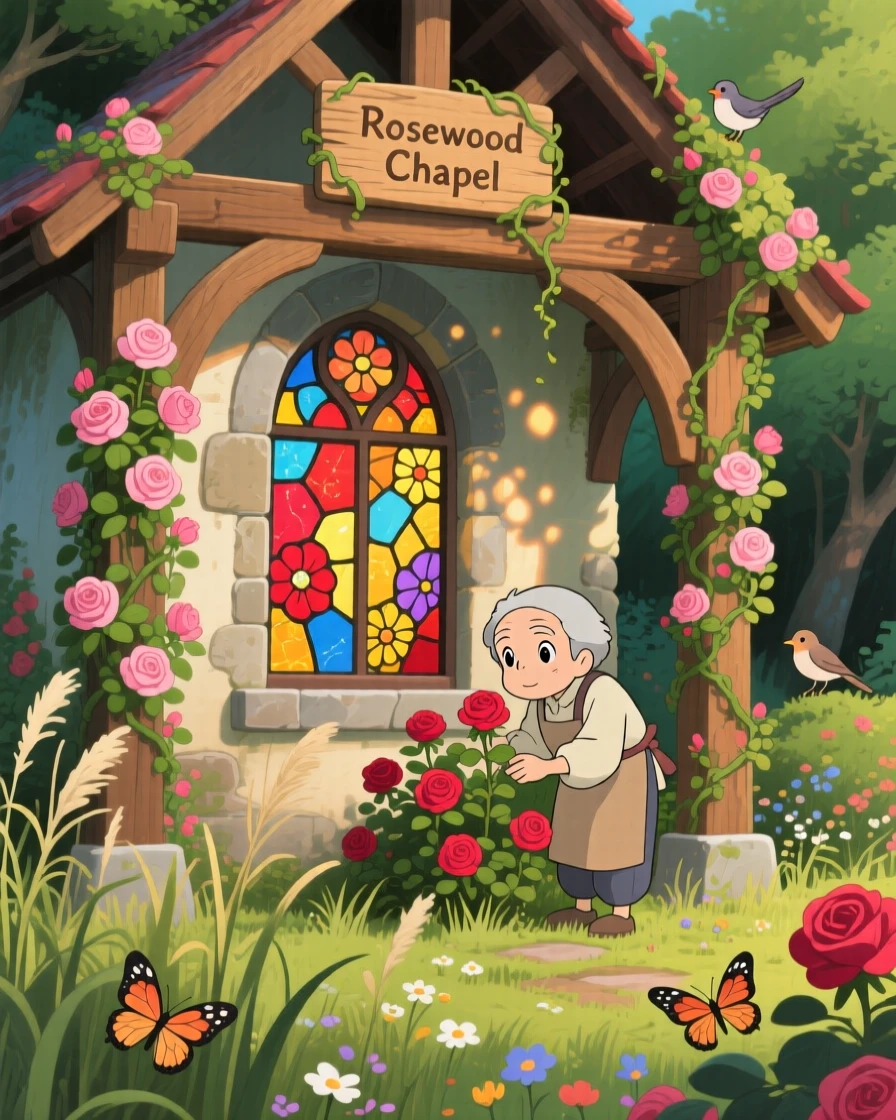 A charming view of a chapel with stained glass windows glowing from within, surrounded by climbing roses and untamed gardens.