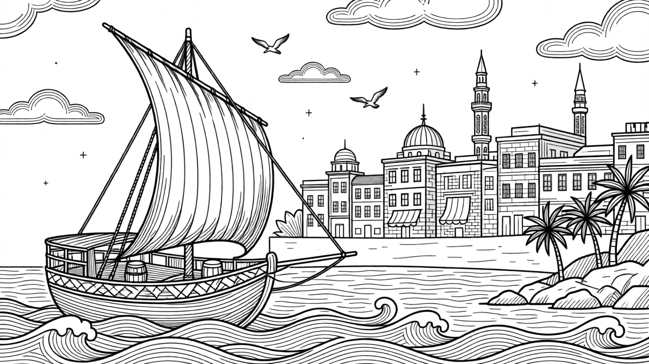 A traditional dhow boat sailing past an old coastal skyline.