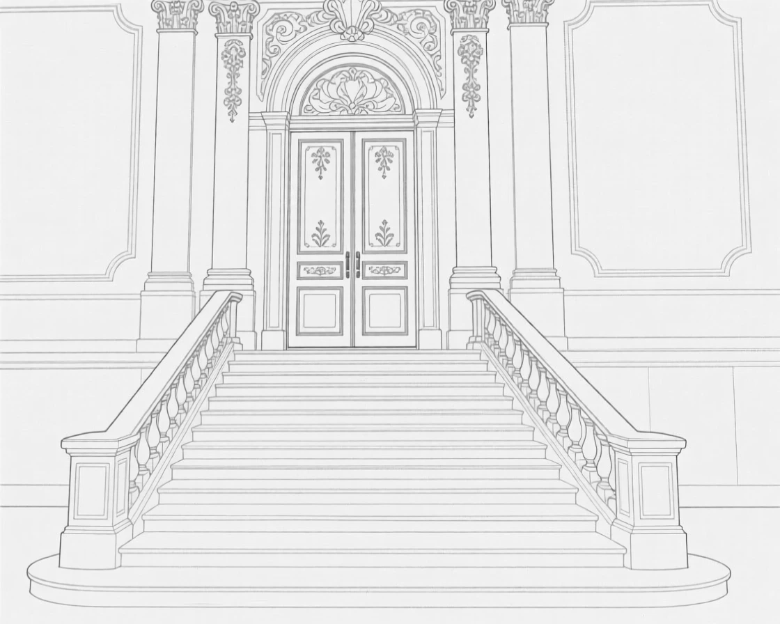 A grand staircase leading up to an ornate palace entrance