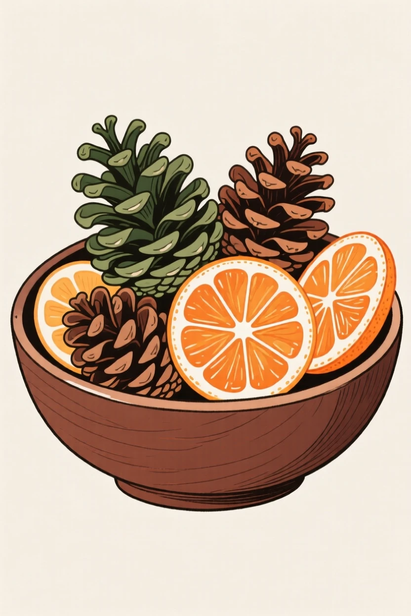 A bowl of pinecones and dried oranges for winter décor.