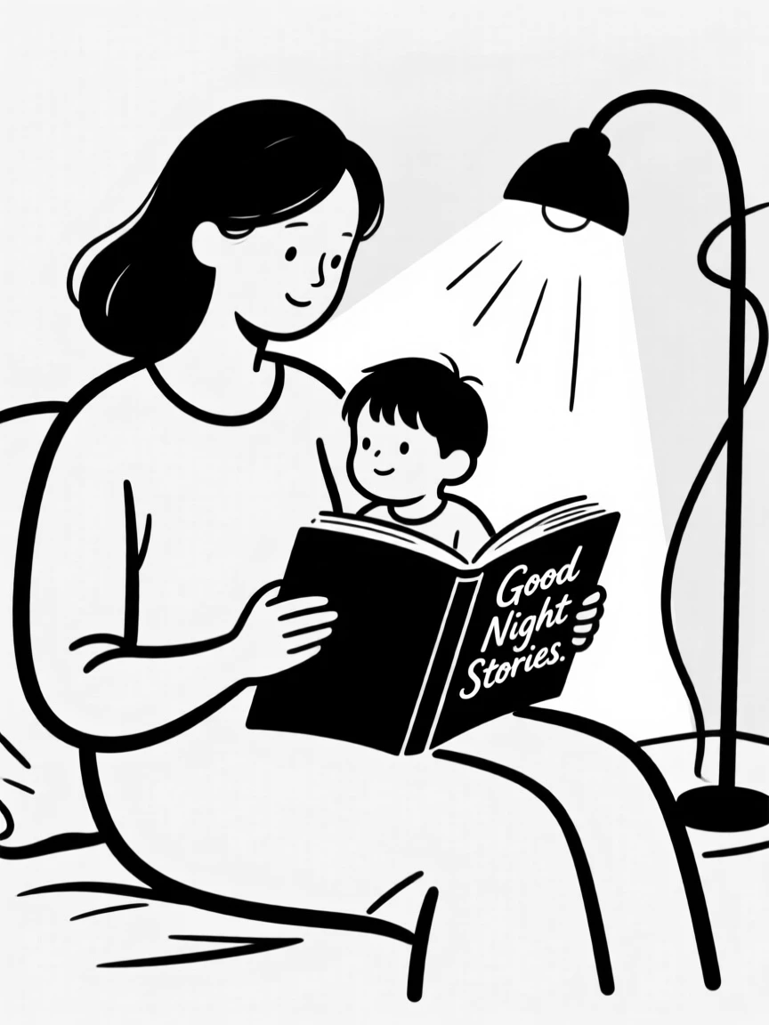A mother reading a bedtime story to her child under soft lamplight.
