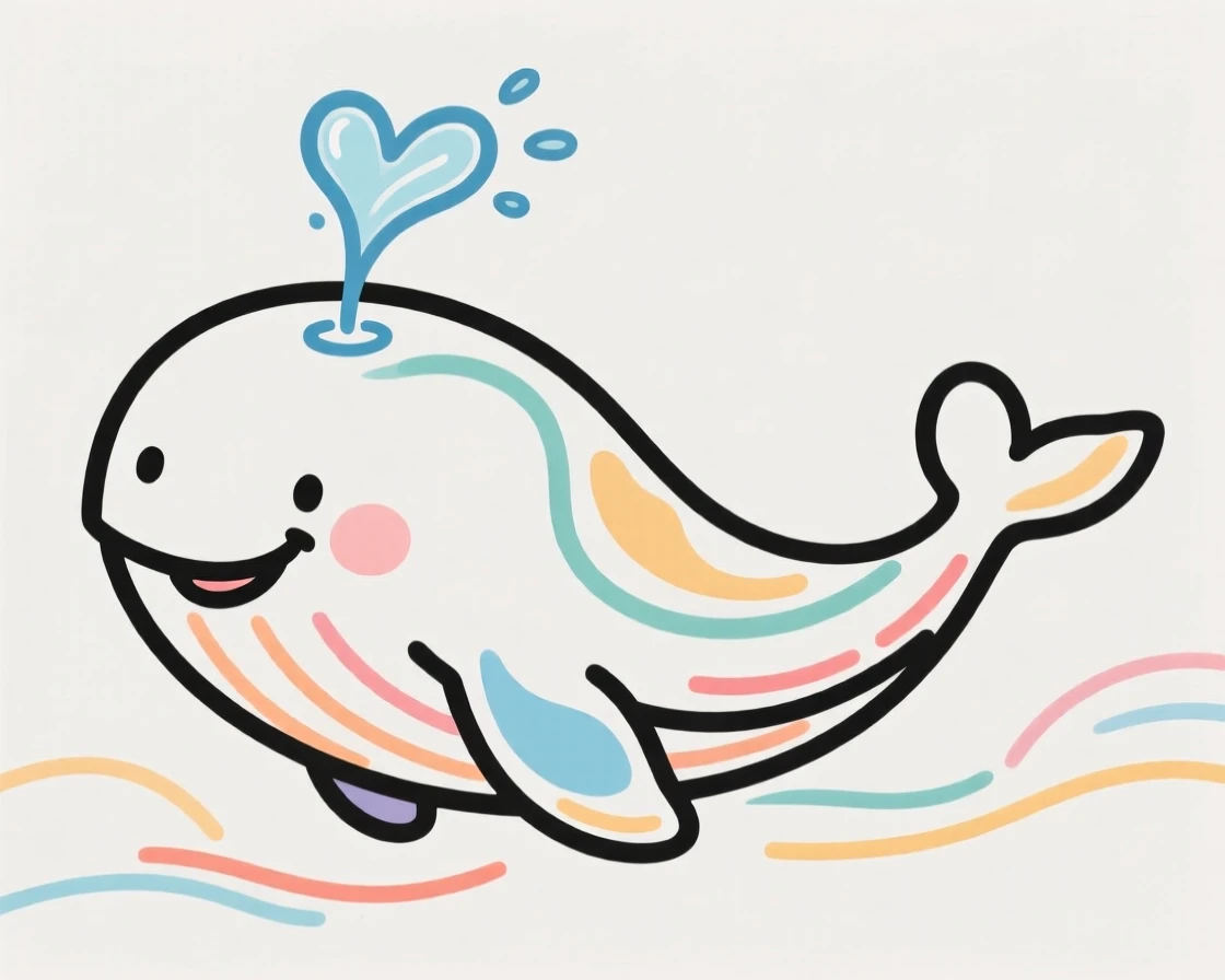 A happy cartoon whale spouting a small heart-shaped splash of water.