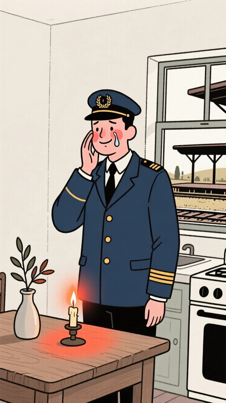 A train of greek heritage conductor at a rural station, holding back happy tears, in a cozy candlelit kitchen.