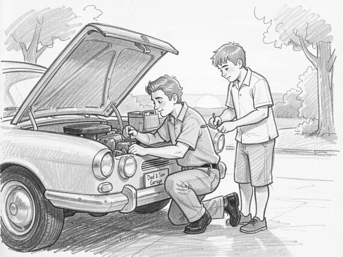 A father and son fixing an old car together, during a warm summer evening, captured in a tender, unguarded moment.